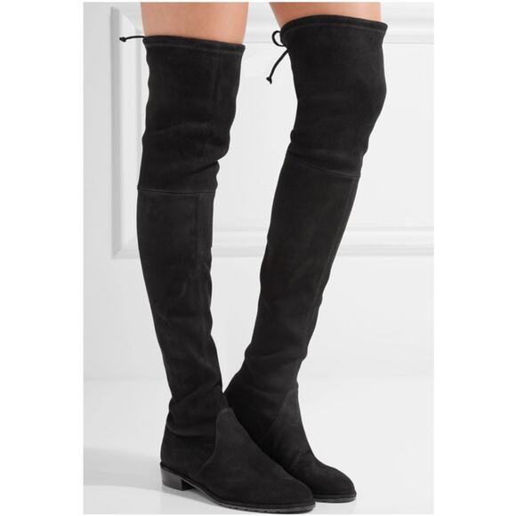 Stuart Weitzman Lowland Boots Over The Knee Suede Leather Block Heel Flat, Black - Picture 16 of 16